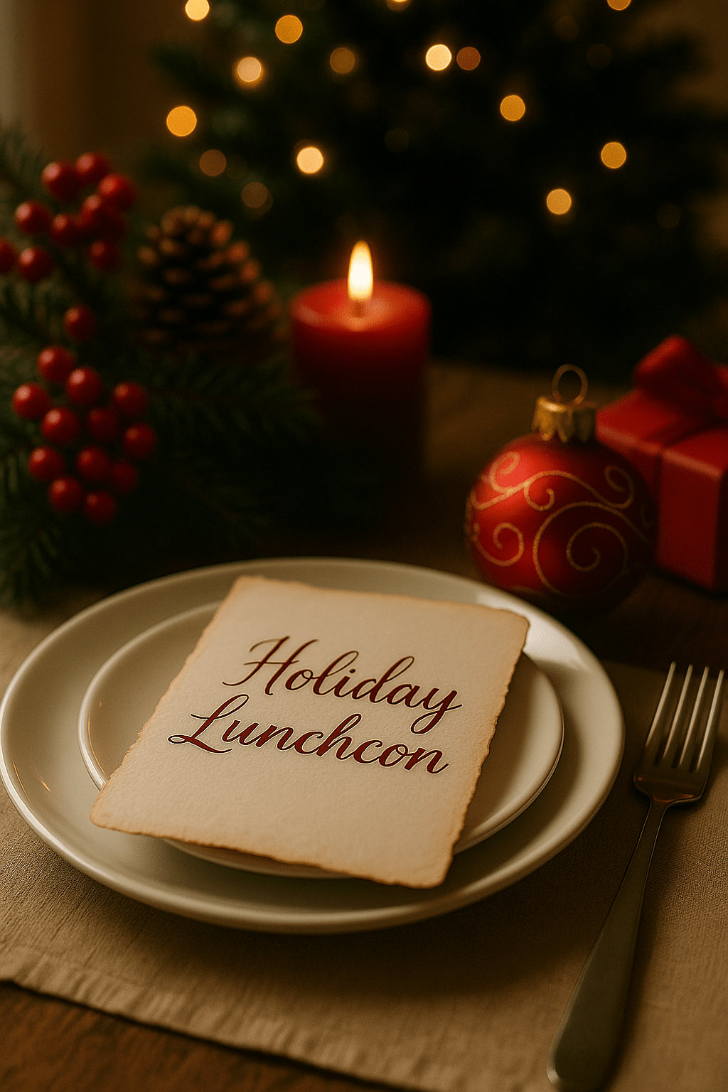 2025 Holiday Luncheon. Dinner table with a placement setting. Dinner plate with a holiday card